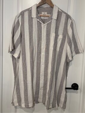Mutual Weave Gray White Striped Linen Blend Camp Shirt Short Sleeve Men's XXL